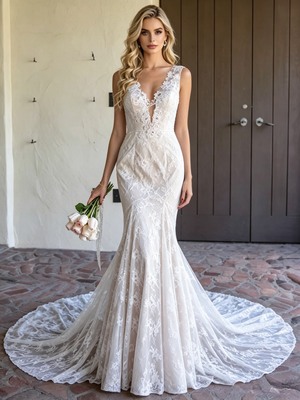 White Mermaid Lace V-neck Wedding Dress