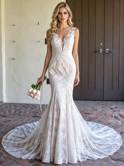 White Mermaid Lace V-neck Wedding Dress