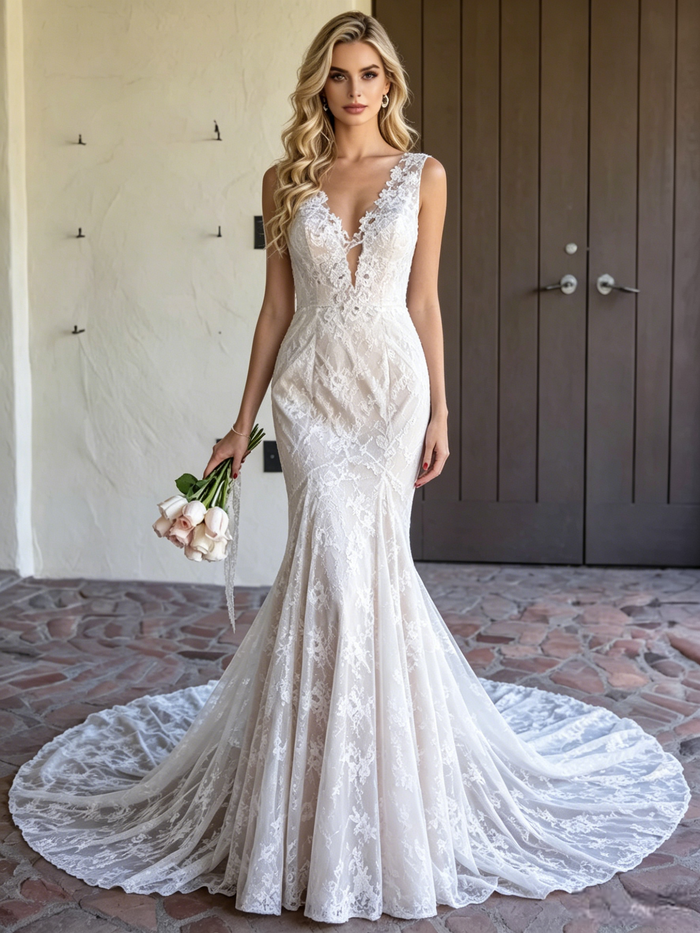 White Mermaid Lace V-neck Wedding Dress