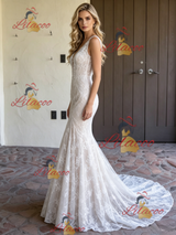 White Mermaid Lace V-neck Wedding Dress