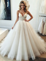 White Tulle Spaghetti Straps Beading Wedding Dress