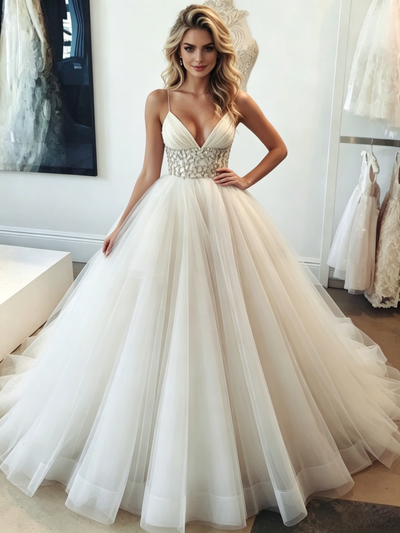 White Tulle Spaghetti Straps Beading Wedding Dress