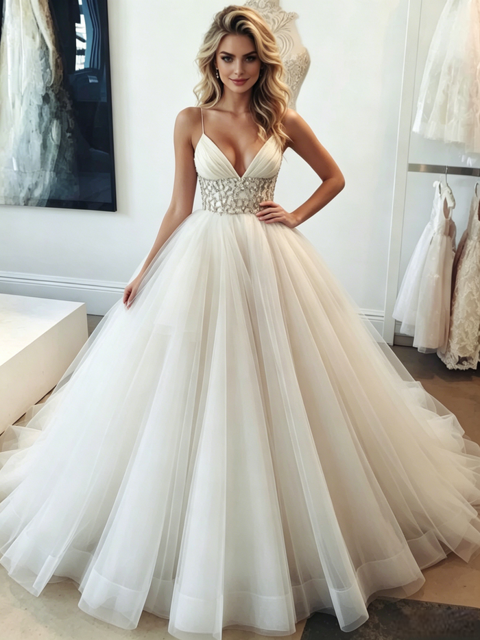 White Tulle Spaghetti Straps Beading Wedding Dress
