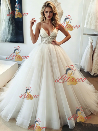 White Tulle Spaghetti Straps Beading Wedding Dress