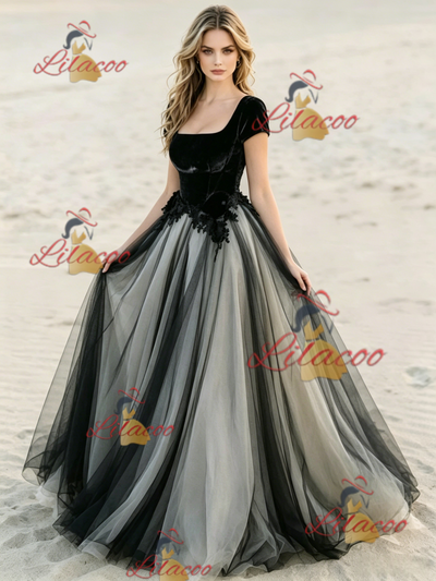 Black Tulle Square Neck Cap Sleeve Wedding Dress