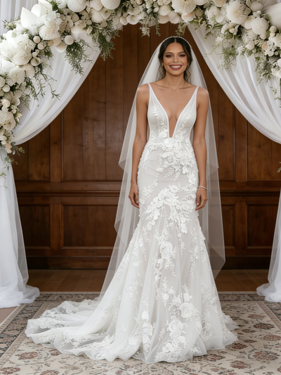 White Tulle V-neck Appliques Wedding Dress