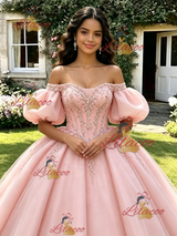 Pink Tulle Off the Shoulder Puff Sleeve Beading Quinceanera Dress