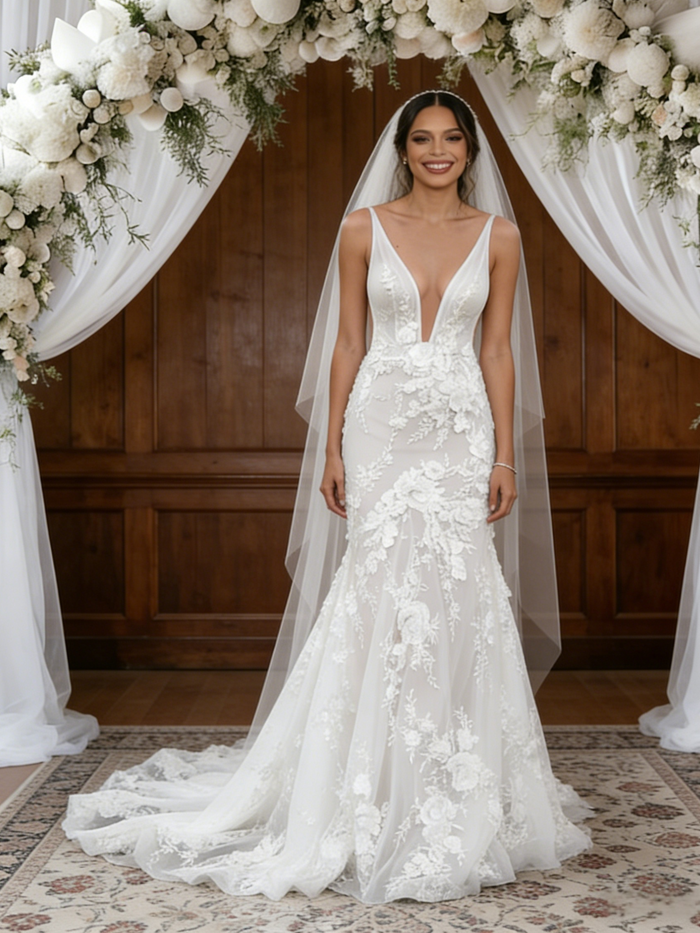 White Tulle V-neck Appliques Wedding Dress