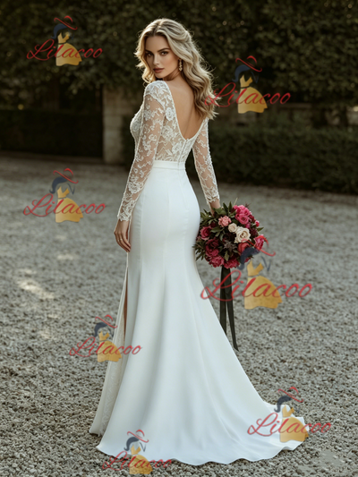 White Mermaid Long Sleeve Lace Wedding Dress