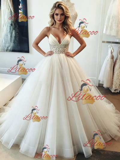 White Tulle Spaghetti Straps Beading Wedding Dress