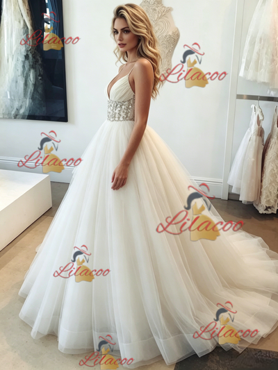 White Tulle Spaghetti Straps Beading Wedding Dress