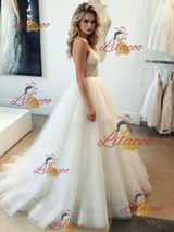 White Tulle Spaghetti Straps Beading Wedding Dress