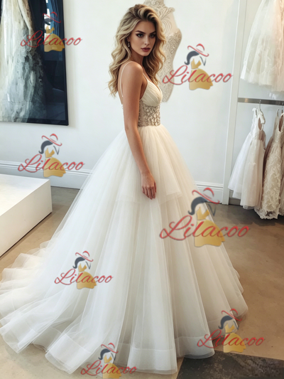 White Tulle Spaghetti Straps Beading Wedding Dress