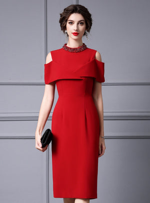 Red Short Sleeve High Neck Mother Of The Bride Dress