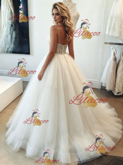 White Tulle Spaghetti Straps Beading Wedding Dress