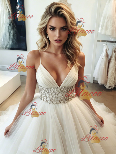 White Tulle Spaghetti Straps Beading Wedding Dress