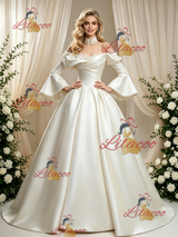 Ivory Satin Long Sleeve Wedding Dress