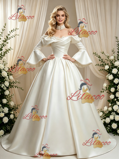 Ivory Satin Long Sleeve Wedding Dress
