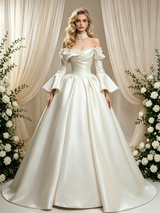 Ivory Satin Long Sleeve Wedding Dress