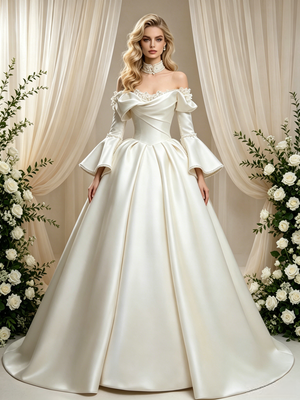Ivory Satin Long Sleeve Wedding Dress