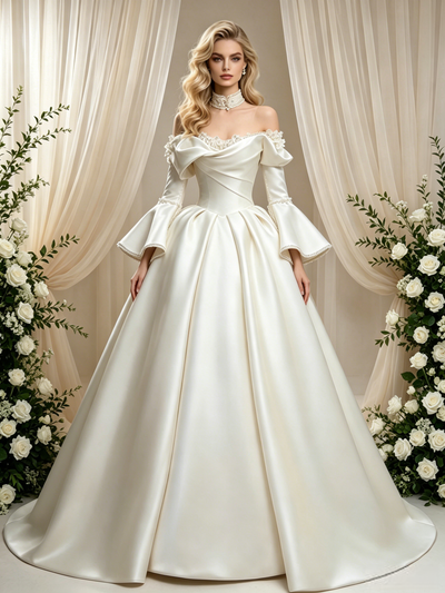 Ivory Satin Long Sleeve Wedding Dress