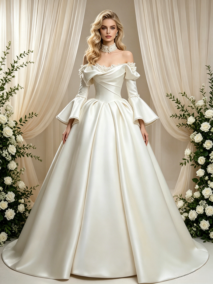 Ivory Satin Long Sleeve Wedding Dress