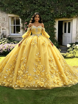 Yellow Tulle 3D Appliques Long Sleeve Quinceanera Dress