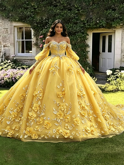 Yellow Tulle 3D Appliques Long Sleeve Quinceanera Dress
