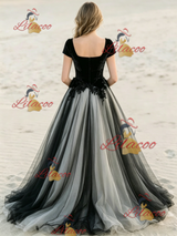 Black Tulle Square Neck Cap Sleeve Wedding Dress