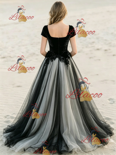 Black Tulle Square Neck Cap Sleeve Wedding Dress