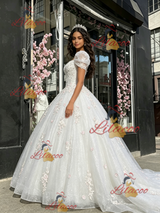White Tulle Square Neck Appliques Quinceanera Dress