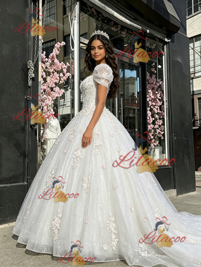 White Tulle Square Neck Appliques Quinceanera Dress