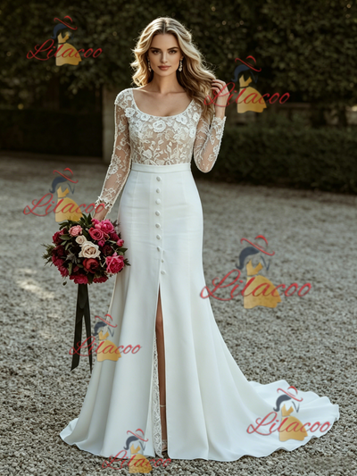 White Mermaid Long Sleeve Lace Wedding Dress