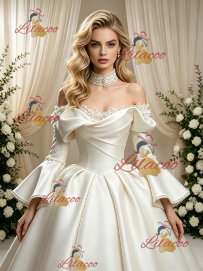 Ivory Satin Long Sleeve Wedding Dress