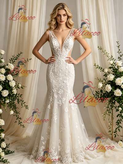 Beige Tulle Lace V-neck Wedding Dress