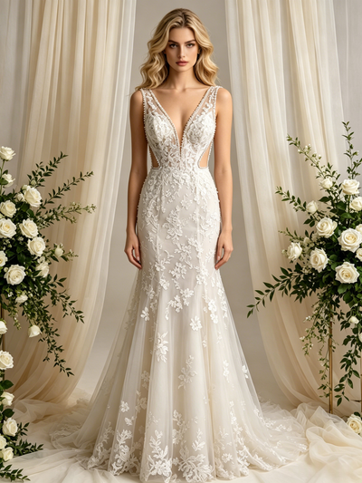 Beige Tulle Lace V-neck Wedding Dress