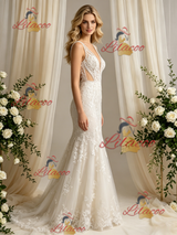 Beige Tulle Lace V-neck Wedding Dress