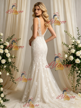 Beige Tulle Lace V-neck Wedding Dress