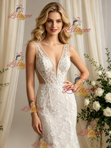 Beige Tulle Lace V-neck Wedding Dress
