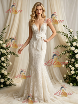 Beige White Mermaid Tulle Lace V-neck Wedding Dress
