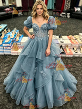 Blue Tulle Puff Sleeve Appliques Prom Dress