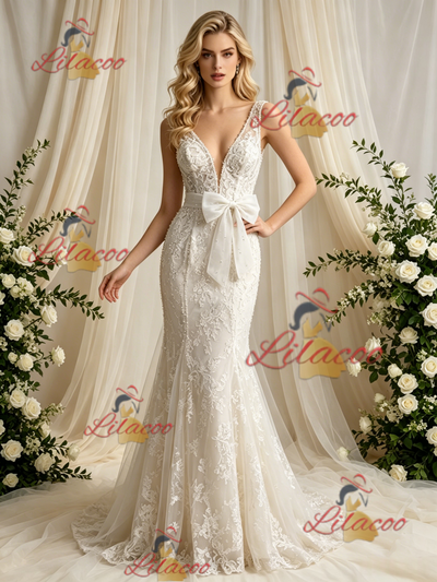 Beige White Mermaid Tulle Lace V-neck Wedding Dress