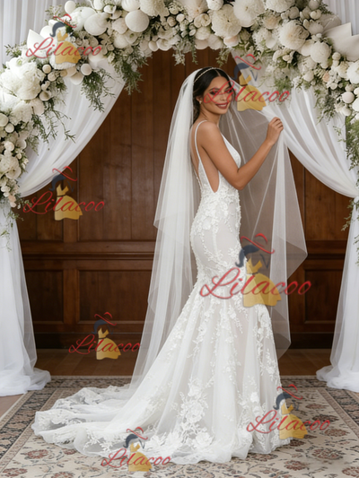 White Tulle V-neck Appliques Wedding Dress