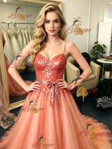 Tulle Sequins Straps Prom Dress