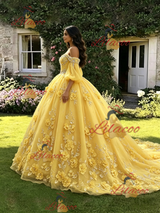 Yellow Tulle 3D Appliques Long Sleeve Quinceanera Dress