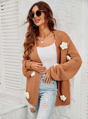 Flower Cardigan Lantern Sleeve Sweater Coat