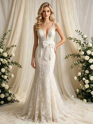 Beige White Mermaid Tulle Lace V-neck Wedding Dress