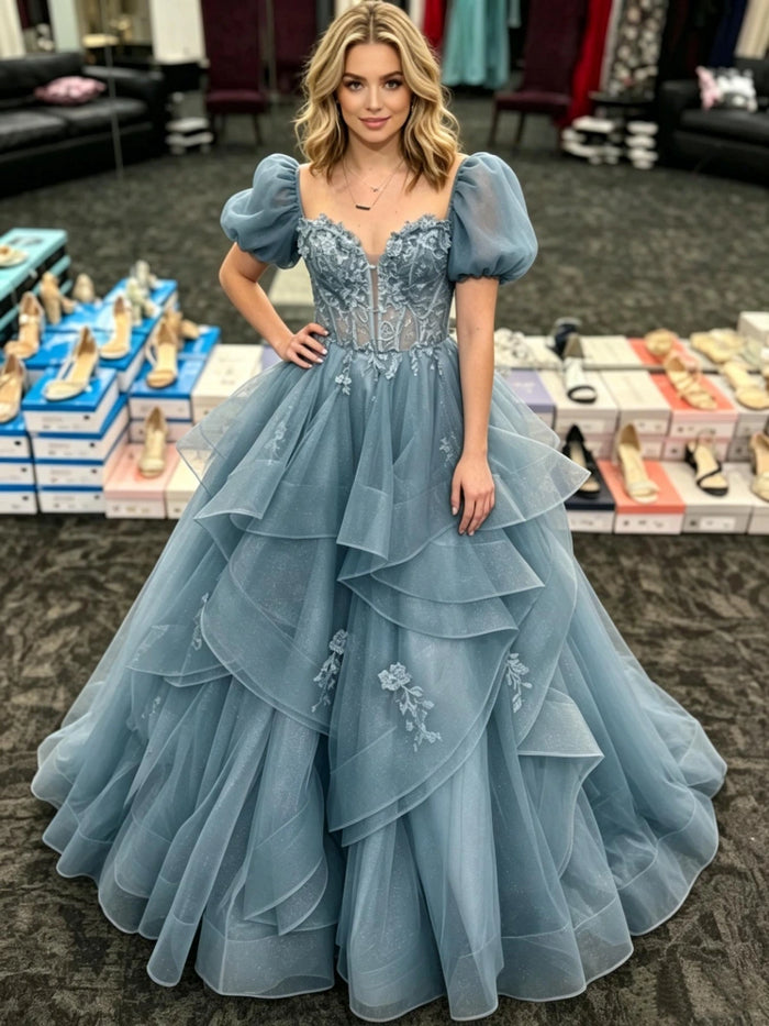 Blue Tulle Puff Sleeve Appliques Prom Dress