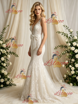 Beige White Mermaid Tulle Lace V-neck Wedding Dress