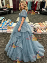 Blue Tulle Puff Sleeve Appliques Prom Dress